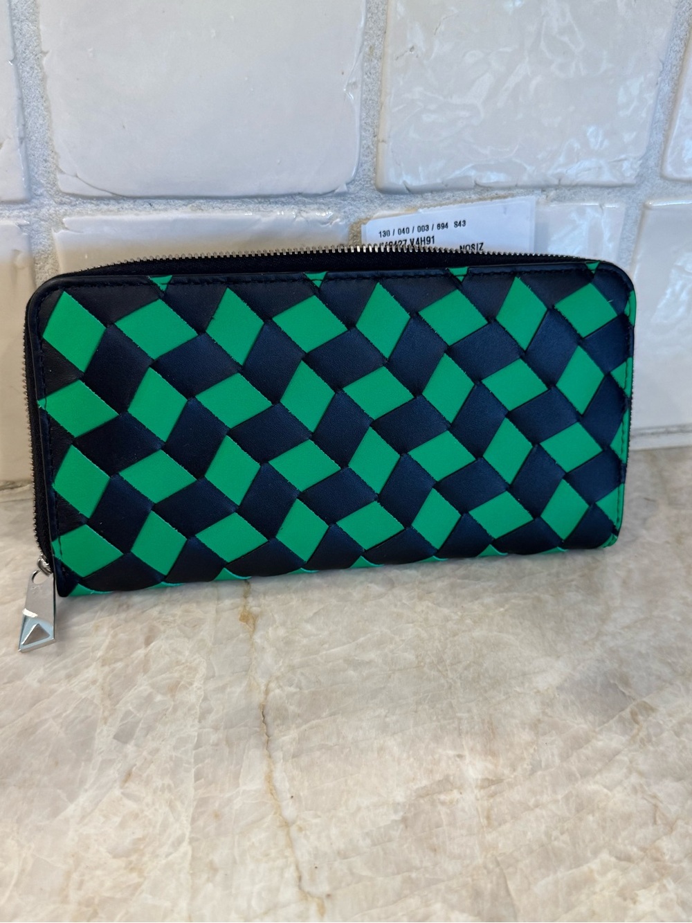 Bottega Veneta Black & Green Woven Leather Zip Wallet